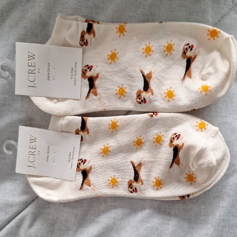 J. Crew Cream Socks with Sun and Dog Pattern